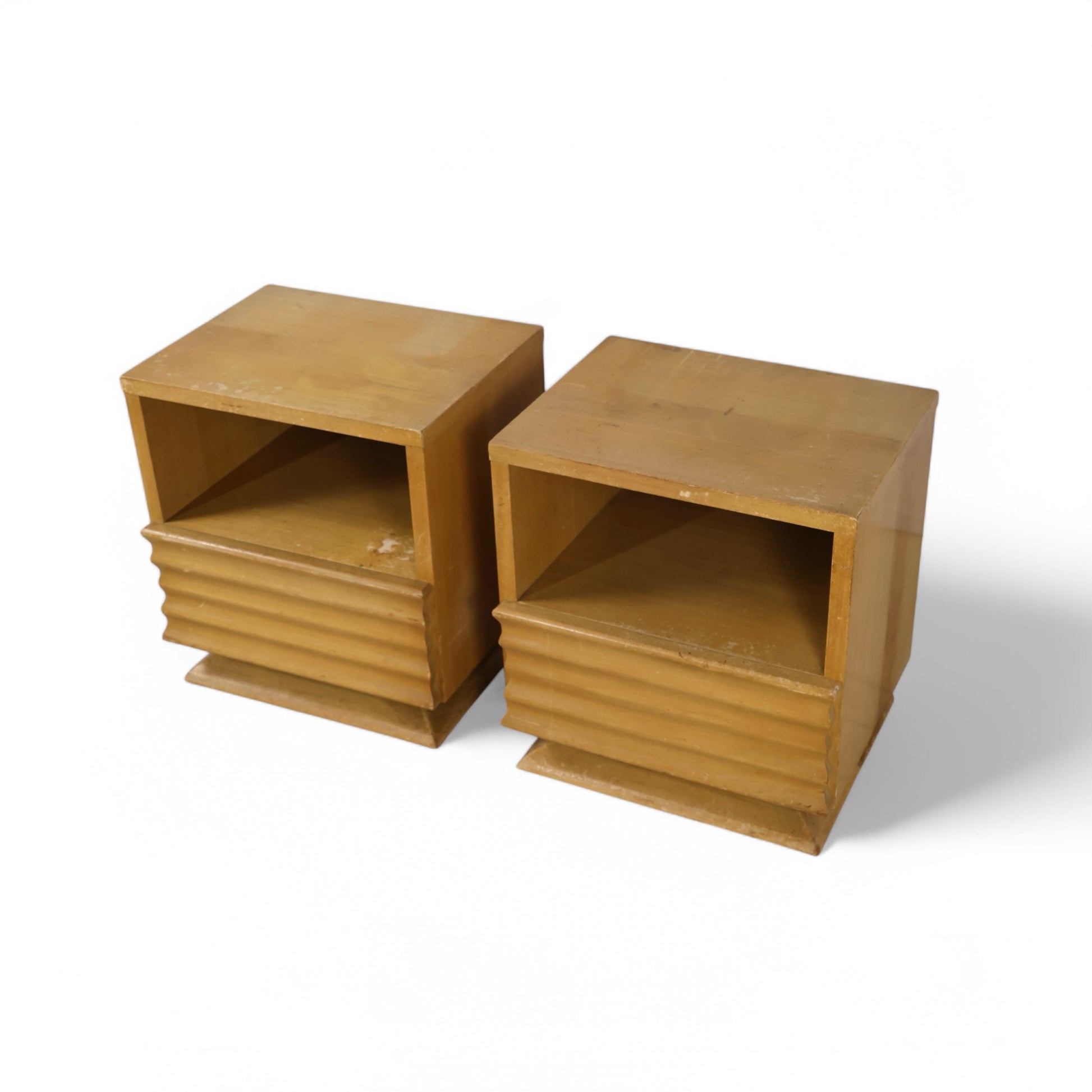 Natural birch veneer nightstands with clean lines and subtle textural accents