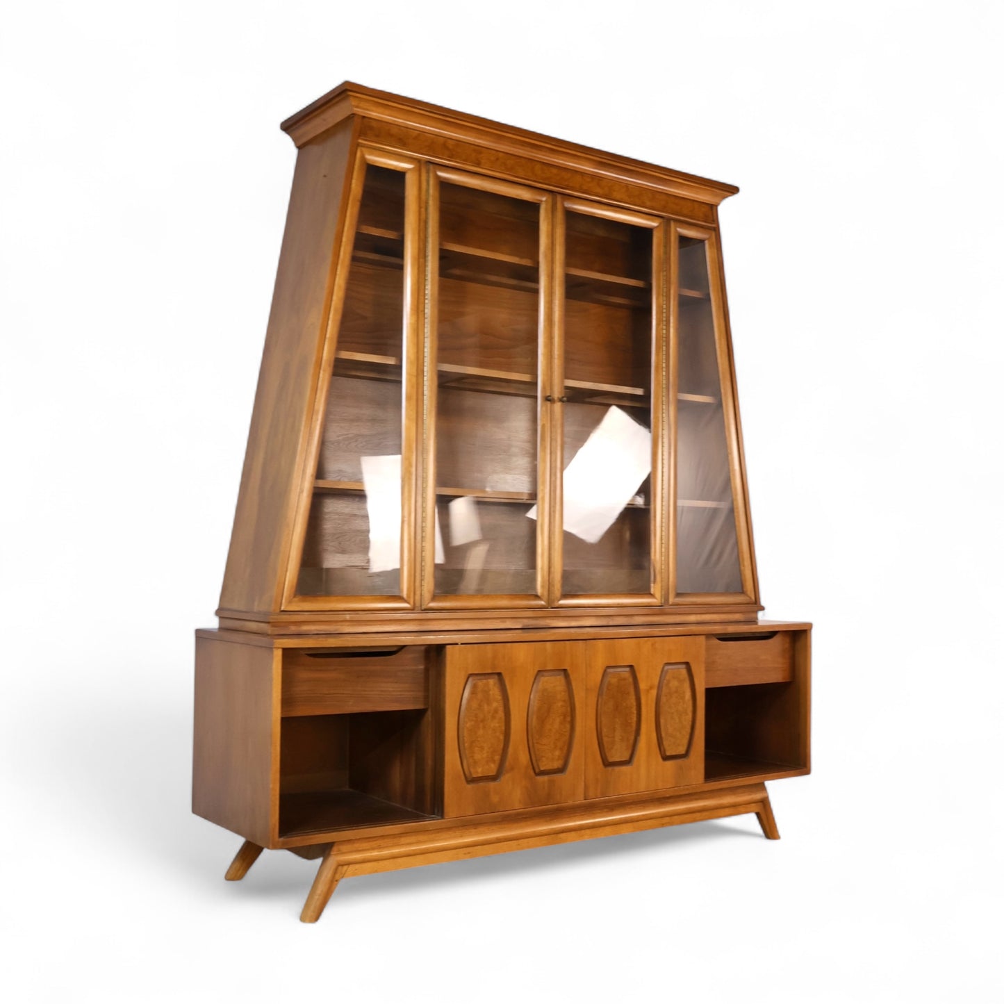 Young Manufacturing Vintage Mid Century Modern Walnut and Burl 2 Piece China Cabinet c. 1960s