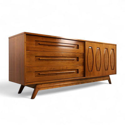 Young Manufacturing Vintage Mid Century Modern 9 Drawer Lowboy Dres... — burl construction, front view