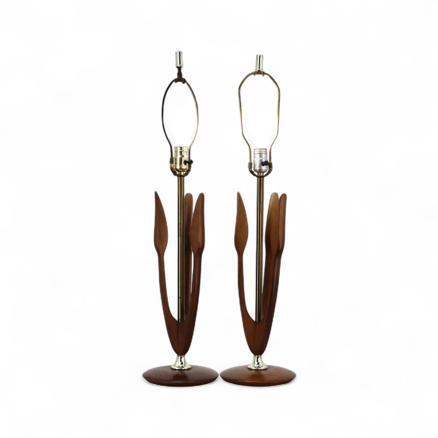 Tulip Petal Sculptural Vintage Mid Century Modern Walnut and Brass Pair of Table Lamps c. 1960s