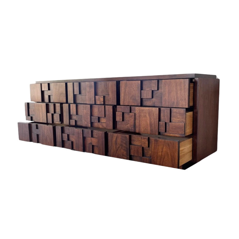 Lane Staccato Vintage Mid Century Modern Brutalist 9 Drawer Lowboy Dresser c. 1970s
