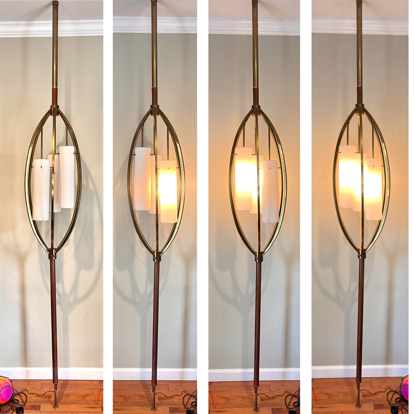 Brass and walnut Mid Century Modern tension pole lamp