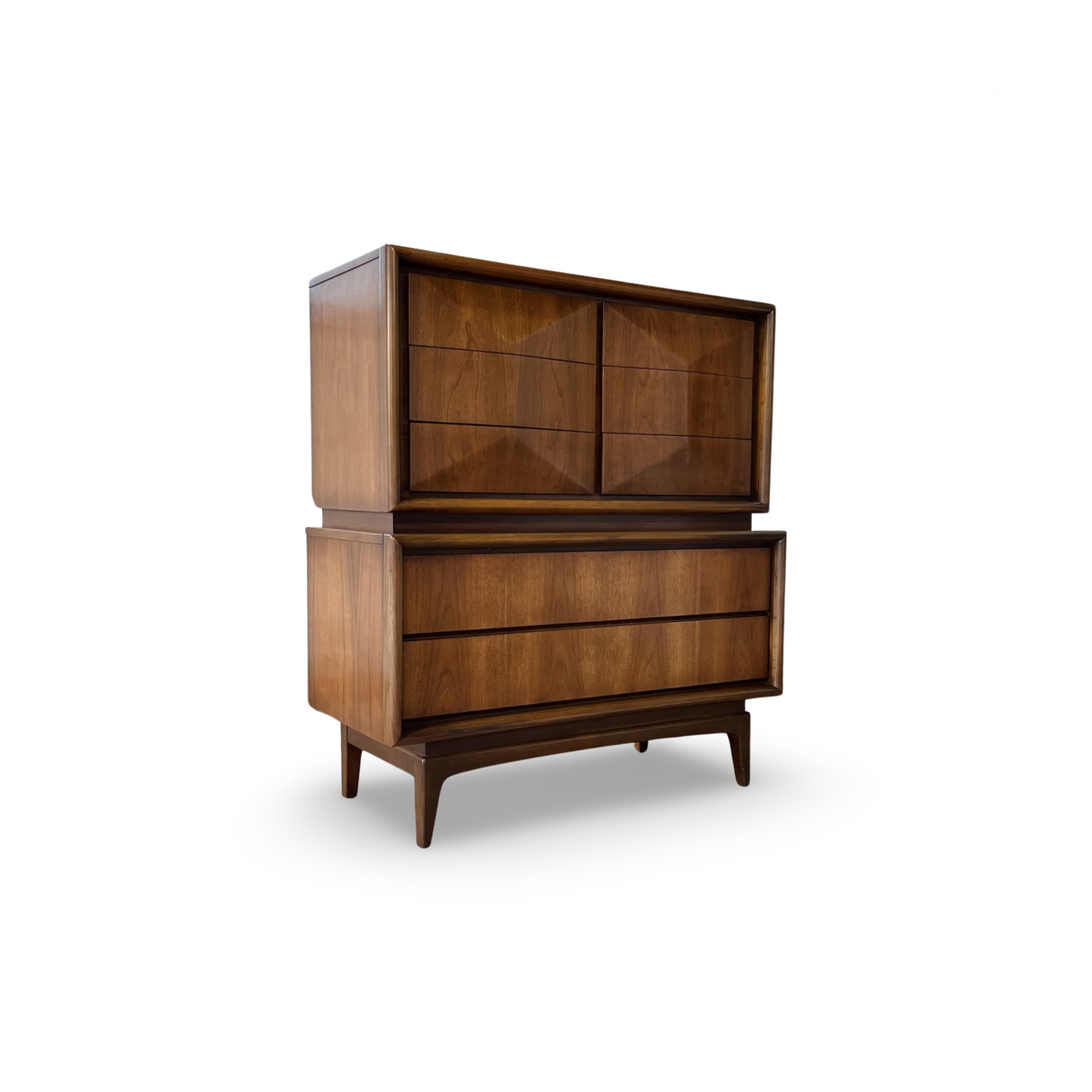 United Furniture Diamond Front Vintage Mid Century Modern Highboy Dresser c. 1960s