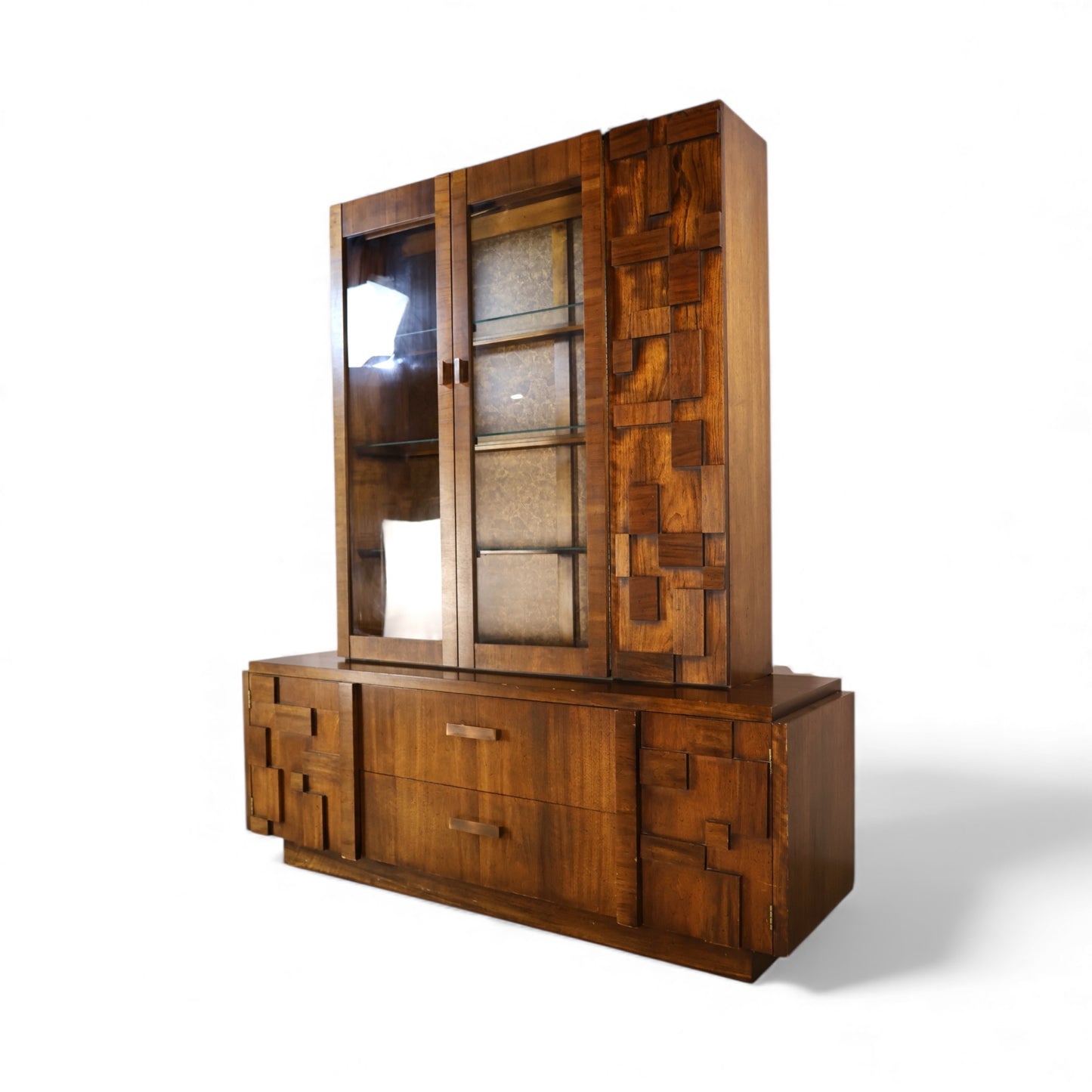 Lane Staccato Vintage Brutalist Mid Century Modern 2 Piece China Cabinet c. 1970s
