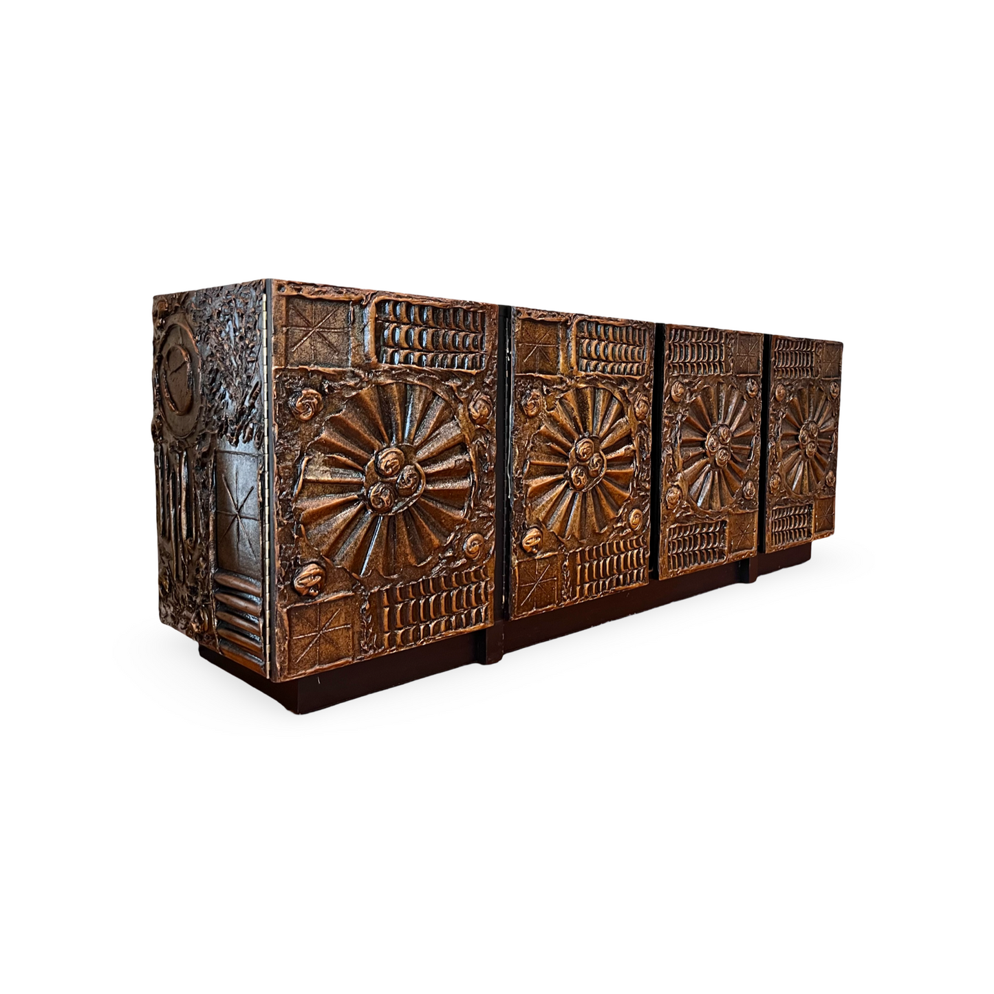 Brutalist credenza with sculpted resin doors and bronze patina, MCM style