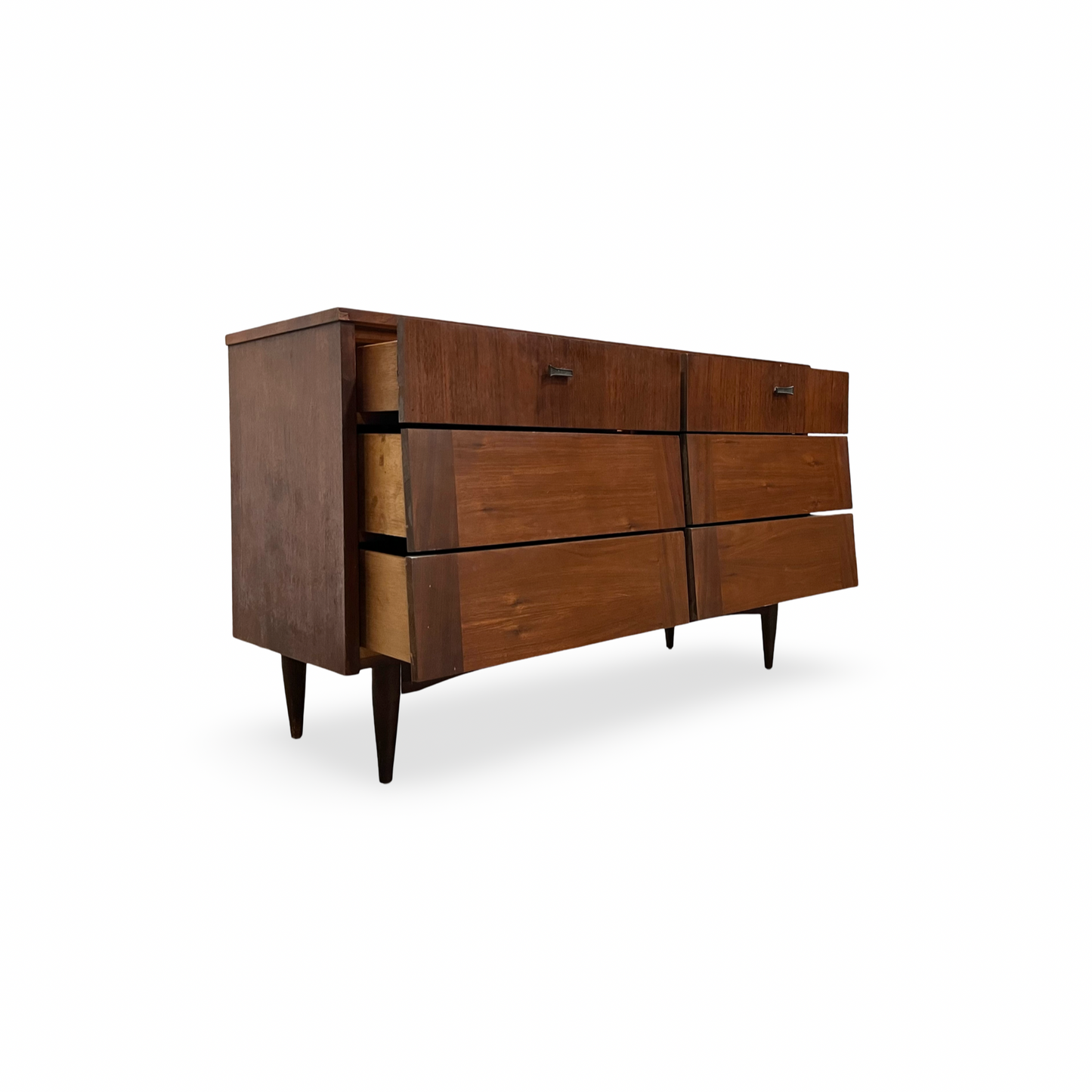 Walnut MCM dresser with elegant brass pulls, vintage 1960s