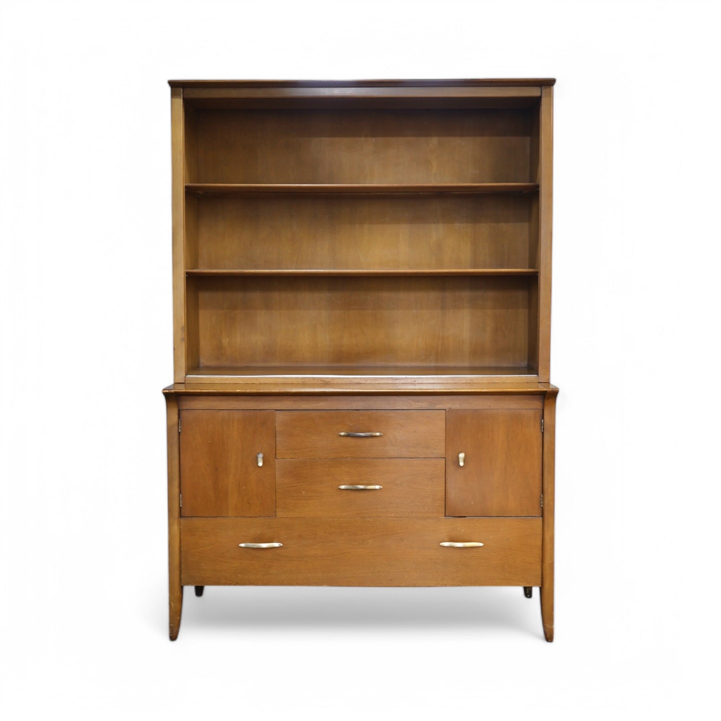 Mid-century modern cabinet with sliding glass doors and three upper display shelves