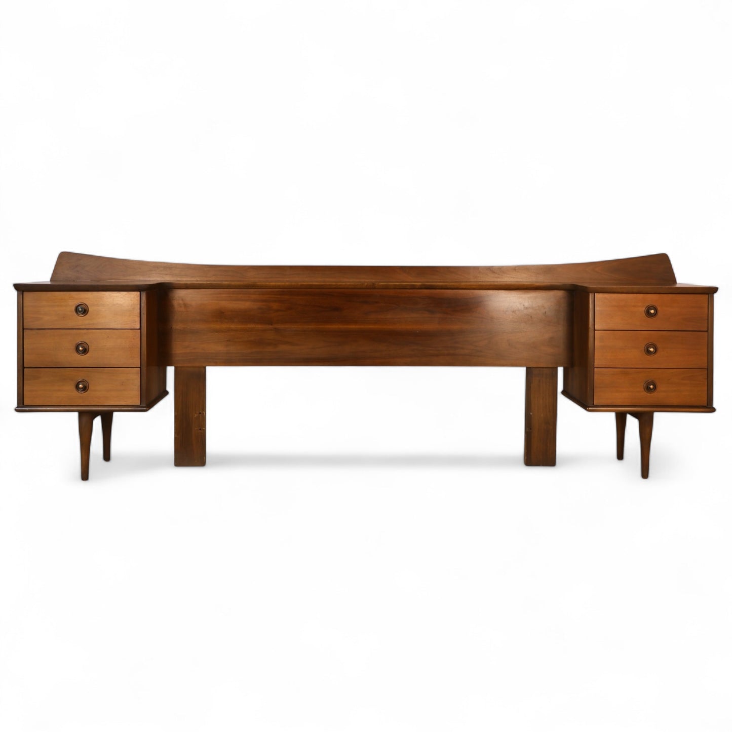 American of Martinsville Vintage Mid Century Modern Queen Headboard Integrated Nightstands c. 1960s