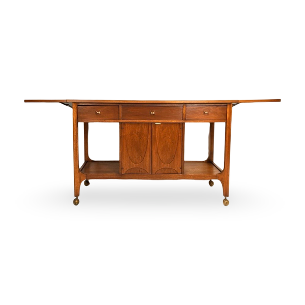 Broyhill Brasilia Vintage Mid Century Modern Bar Cart c. 1960s — brass construction, front view