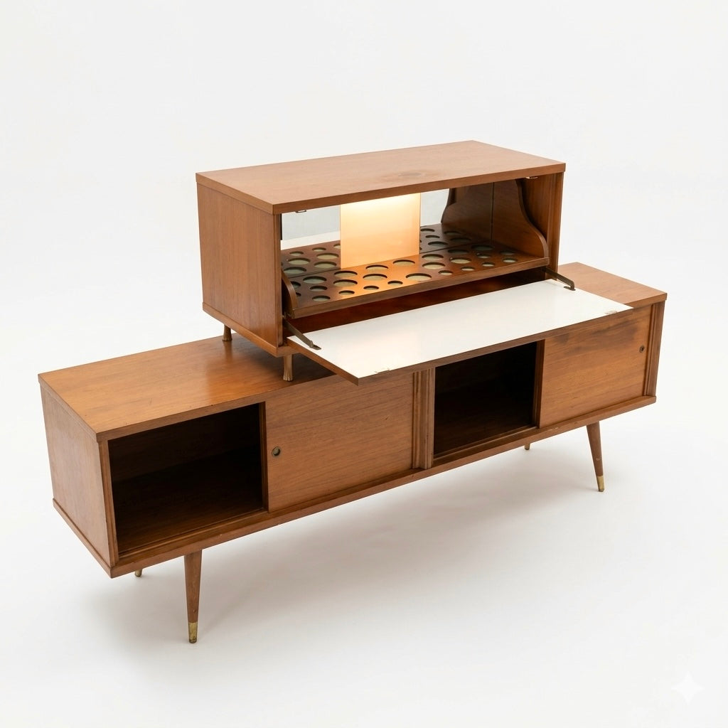 Atomic Style Vintage Mid Century Modern Two Piece Bar Cabinet Sliding Buffet c. 1960s