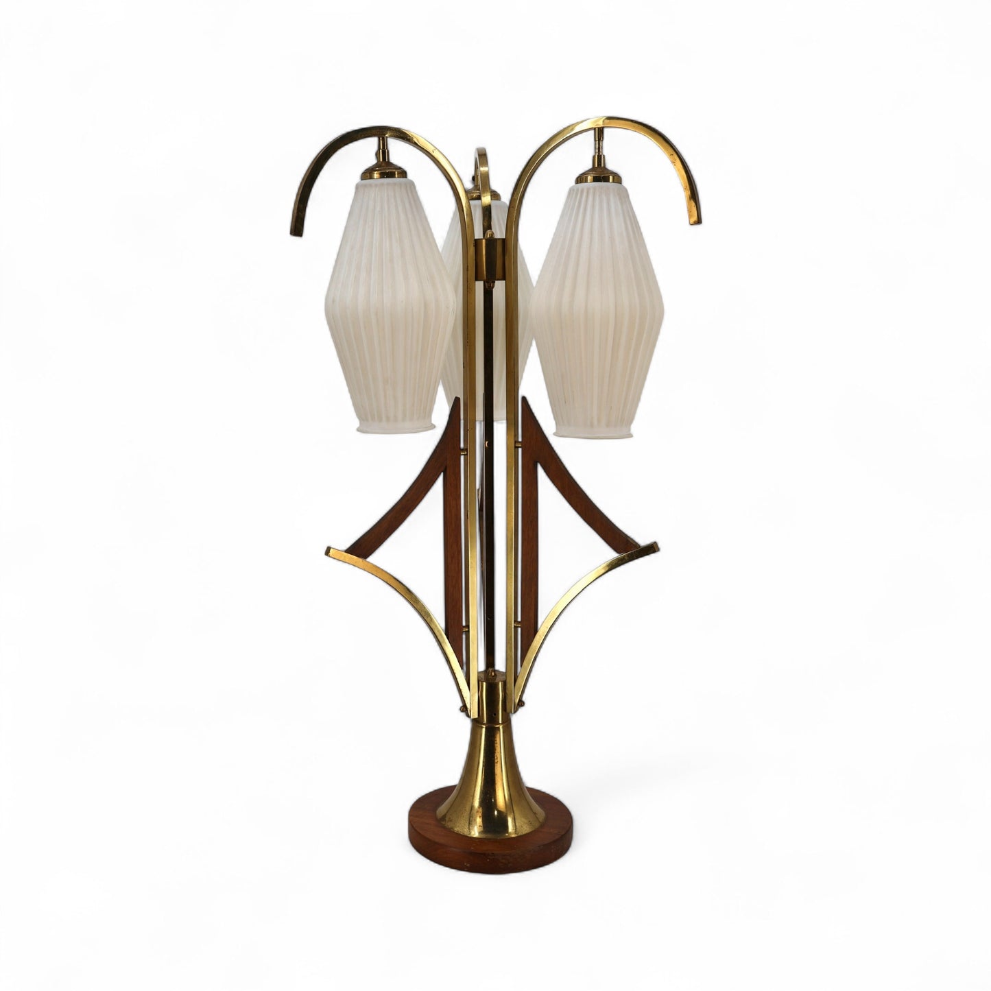 Striking Jet Age Vintage Mid Century Modern Walnut and Brass 3 Glass Shade Table Lamp c. 1960s