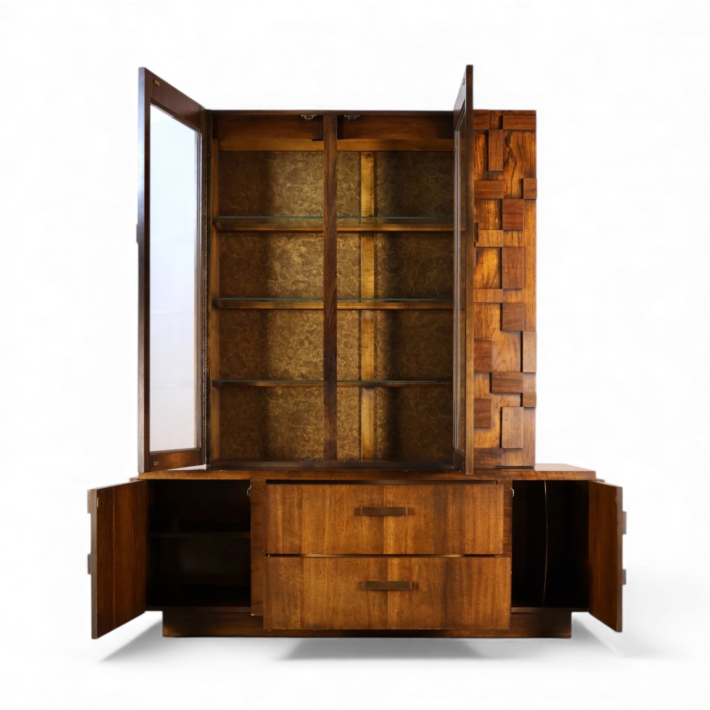 Lane Staccato Vintage Brutalist Mid Century Modern 2 Piece China Cabinet c. 1970s