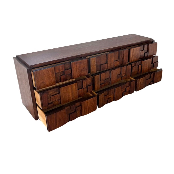 Lane Staccato Vintage Mid Century Modern Brutalist 9 Drawer Lowboy Dresser c. 1970s