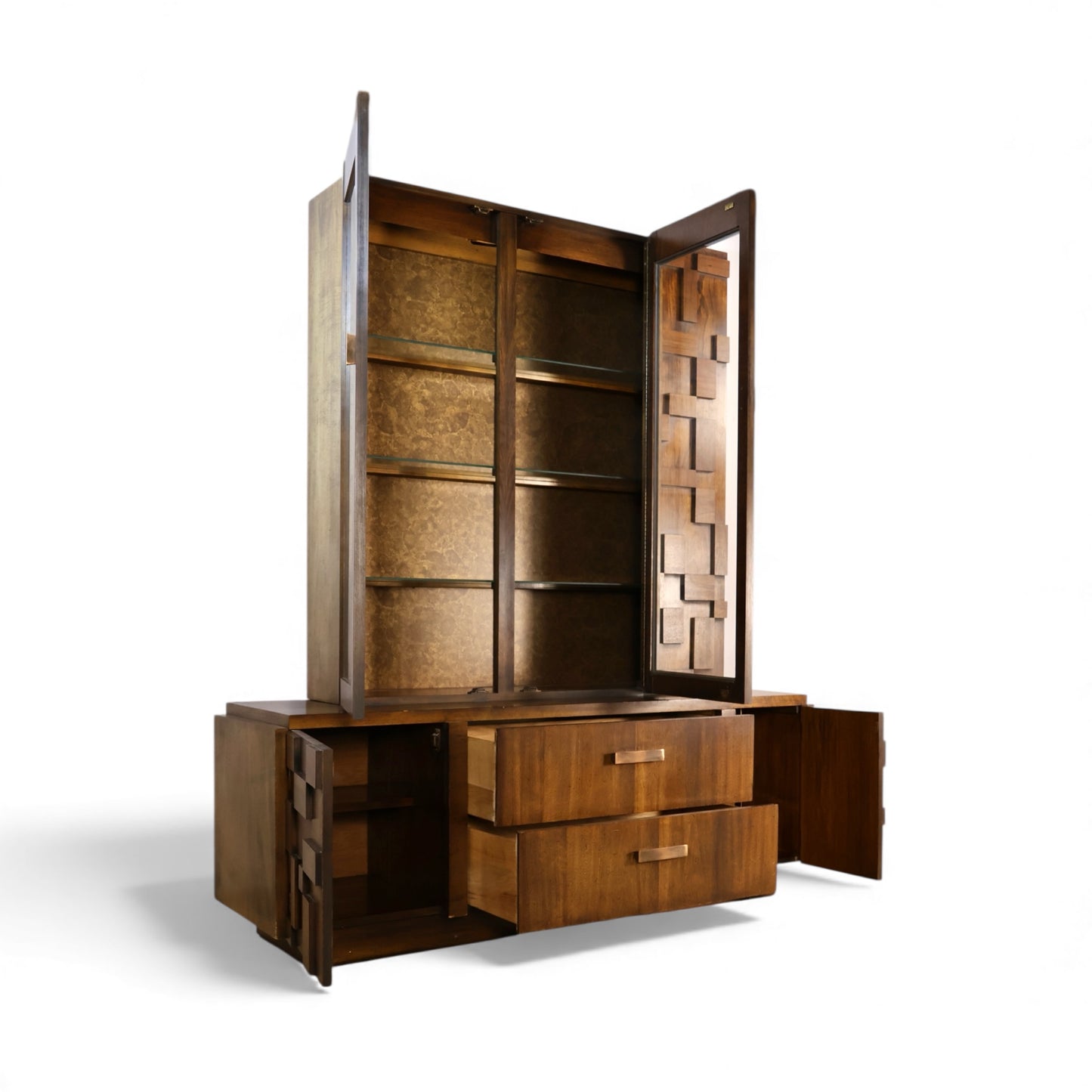 Lane Staccato Vintage Brutalist Mid Century Modern 2 Piece China Cabinet c. 1970s
