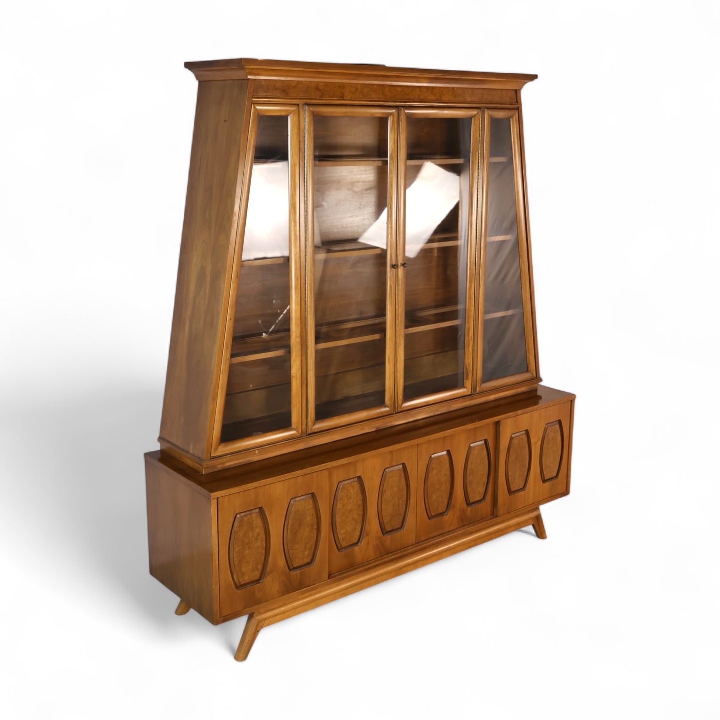 Young Manufacturing Vintage Mid Century Modern Walnut and Burl 2 Piece China Cabinet c. 1960s