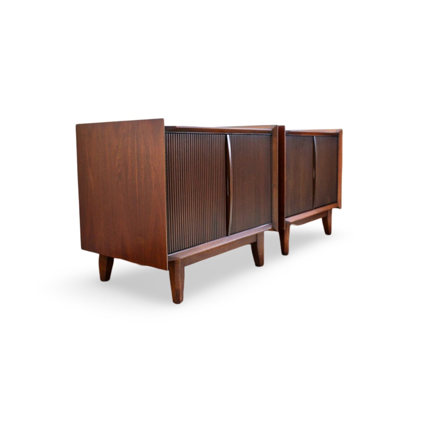 Vintage MCM nightstands with ribbed doors and walnut finish