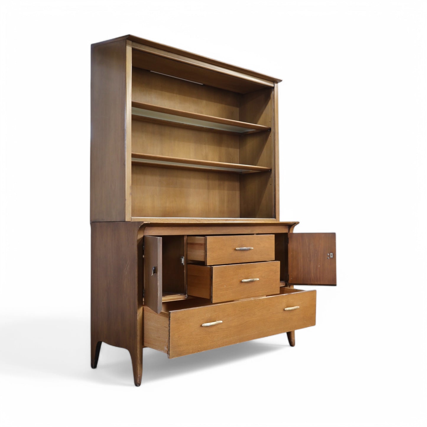 Elegant walnut finish with sleek metal handles and tapered leg construction