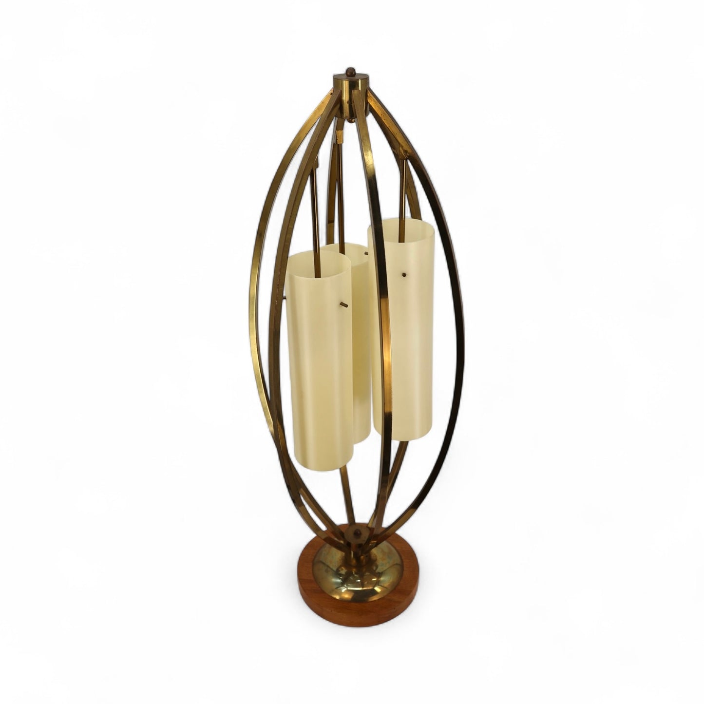 Brass and Walnut Vintage Mid Century Modern Bridcage Table Lamp c. 1960s