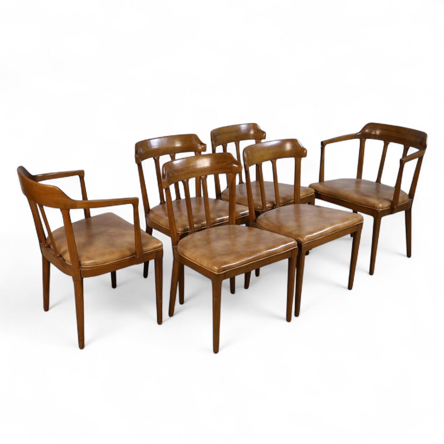 1950s Mid Century Modern dining chairs by Tomlinson featuring three-slat backs, tapered legs, and original caramel upholstery