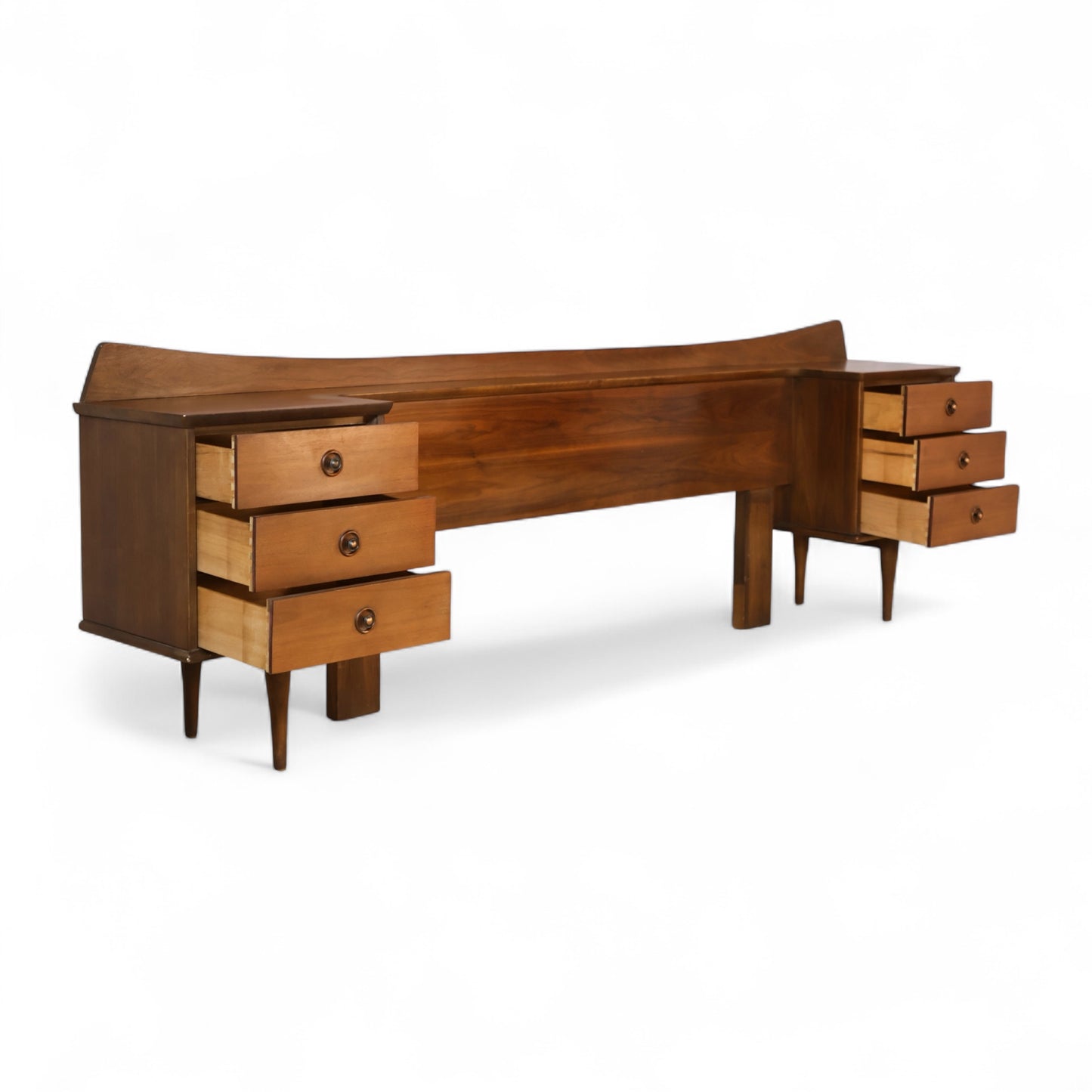 American of Martinsville Vintage Mid Century Modern Queen Headboard Integrated Nightstands c. 1960s