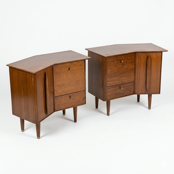 Helen Hobey Baker Vintage Mid Century Modern Pair of Nightstands c. 1960s — walnut construction, front view