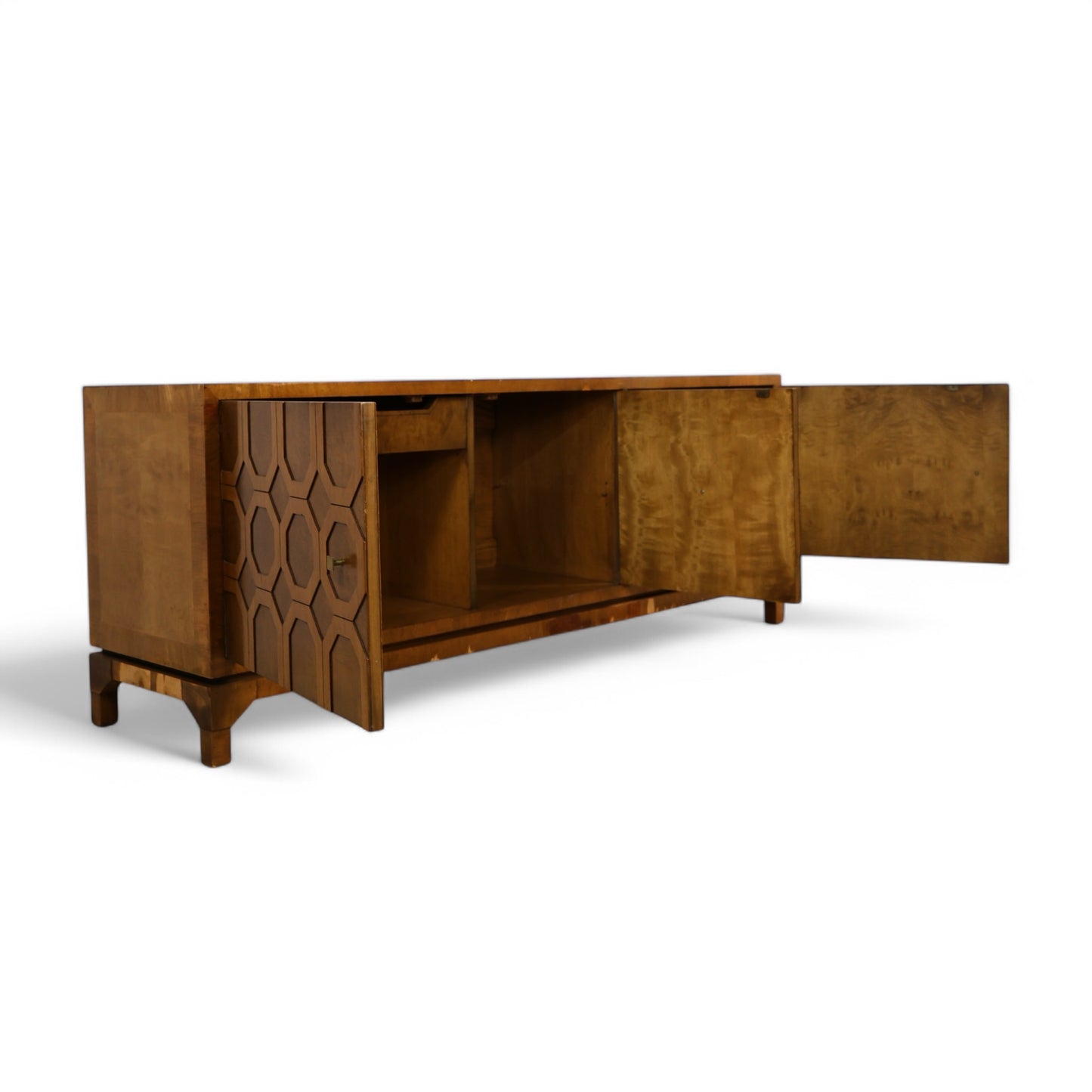 Harold Schwartz for Romweber Walnut Burl and Acacia Vintage Mid Century Modern Credenza c. 1960s