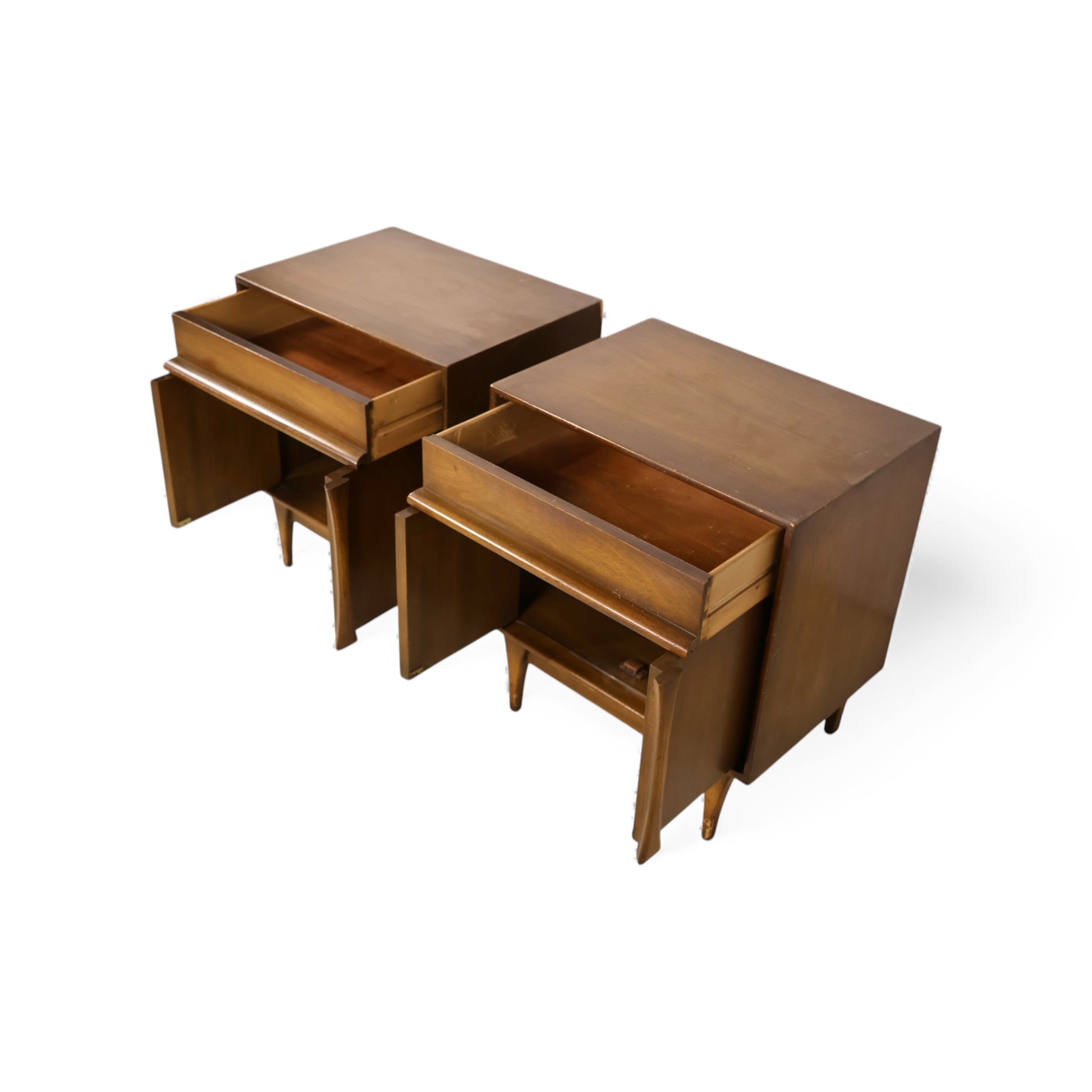 Sturdy vintage nightstands offering drawer and cabinet functionality