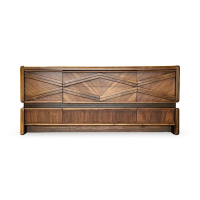 Pulaski Vintage Mid Century Modern Brutalist Credenza c. 1970s — walnut construction, front view