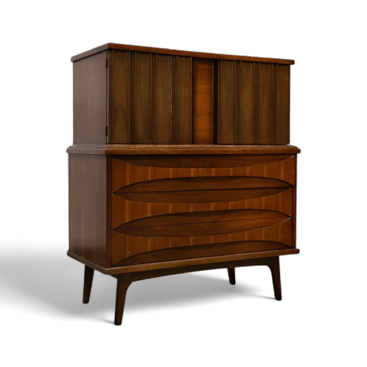 United Furniture Vintage Mid Century Modern Curved Highboy Dresser c. 1960s