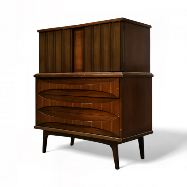 United Furniture Vintage Mid Century Modern Curved Highboy Dresser ... — walnut construction, front view