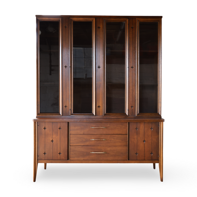 Broyhill Saga Vintage Mid Century Modern China Cabinet c. 1960s — walnut construction, front view