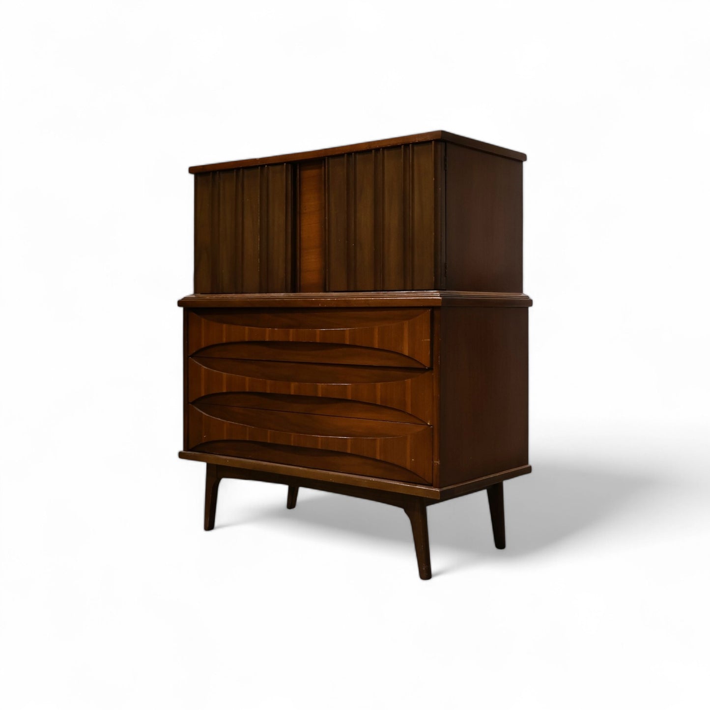 United Furniture Vintage Mid Century Modern Curved Highboy Dresser c. 1960s