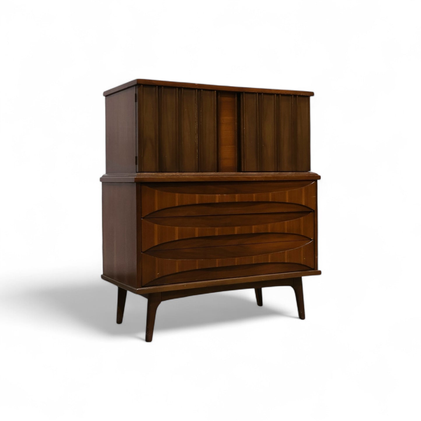 United Furniture Vintage Mid Century Modern Curved Highboy Dresser c. 1960s