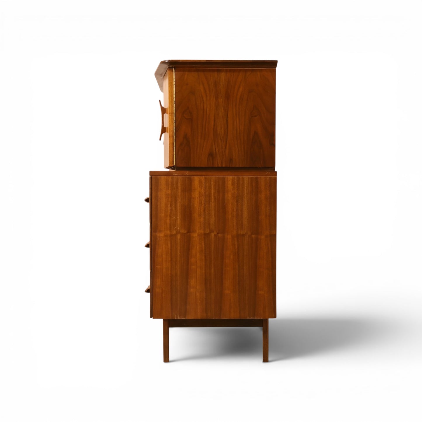 Young Manufacturing sculptural highboy dresser side profile view in walnut
