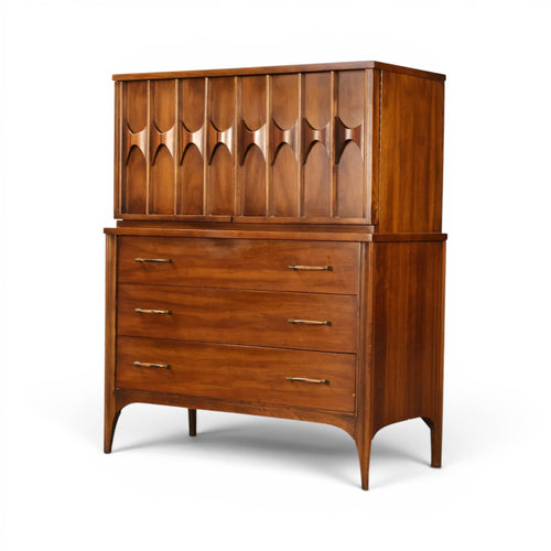 Kent Coffey Perspecta gentlemen's highboy dresser angled front view showing carved door rhythm