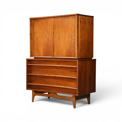 Young Manufacturing concave highboy dresser opposite angle view in walnut