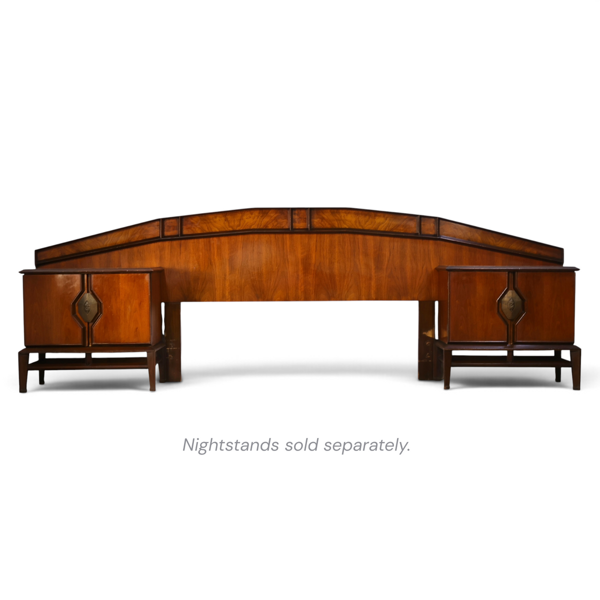 Helen Hobey Baker burl and walnut king headboard shown with matching nightstands