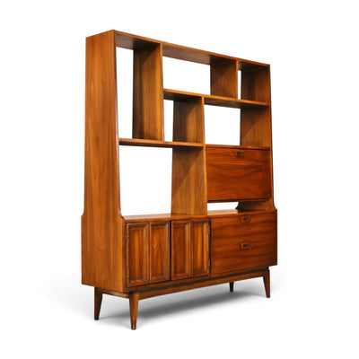 American mid century modern walnut room divider wall unit side angle view