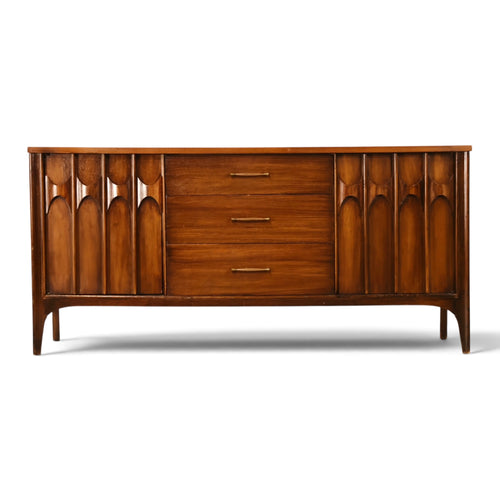 Kent Coffey Perspecta mid century modern walnut credenza front view with carved arch door panels