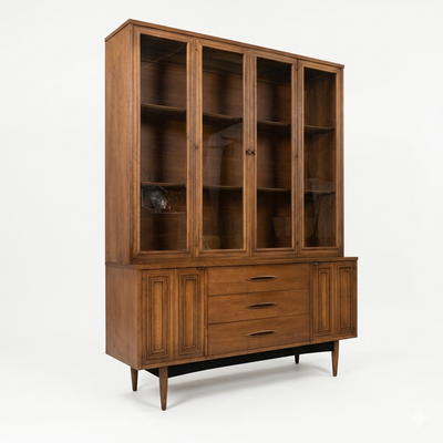 Broyhill Sculptra MCM walnut two-piece china cabinet, full front view showing glass-door hutch with interior shelves over buffet base with three drawers and carved Sculptra panel doors, tapered legs, c. 1960s