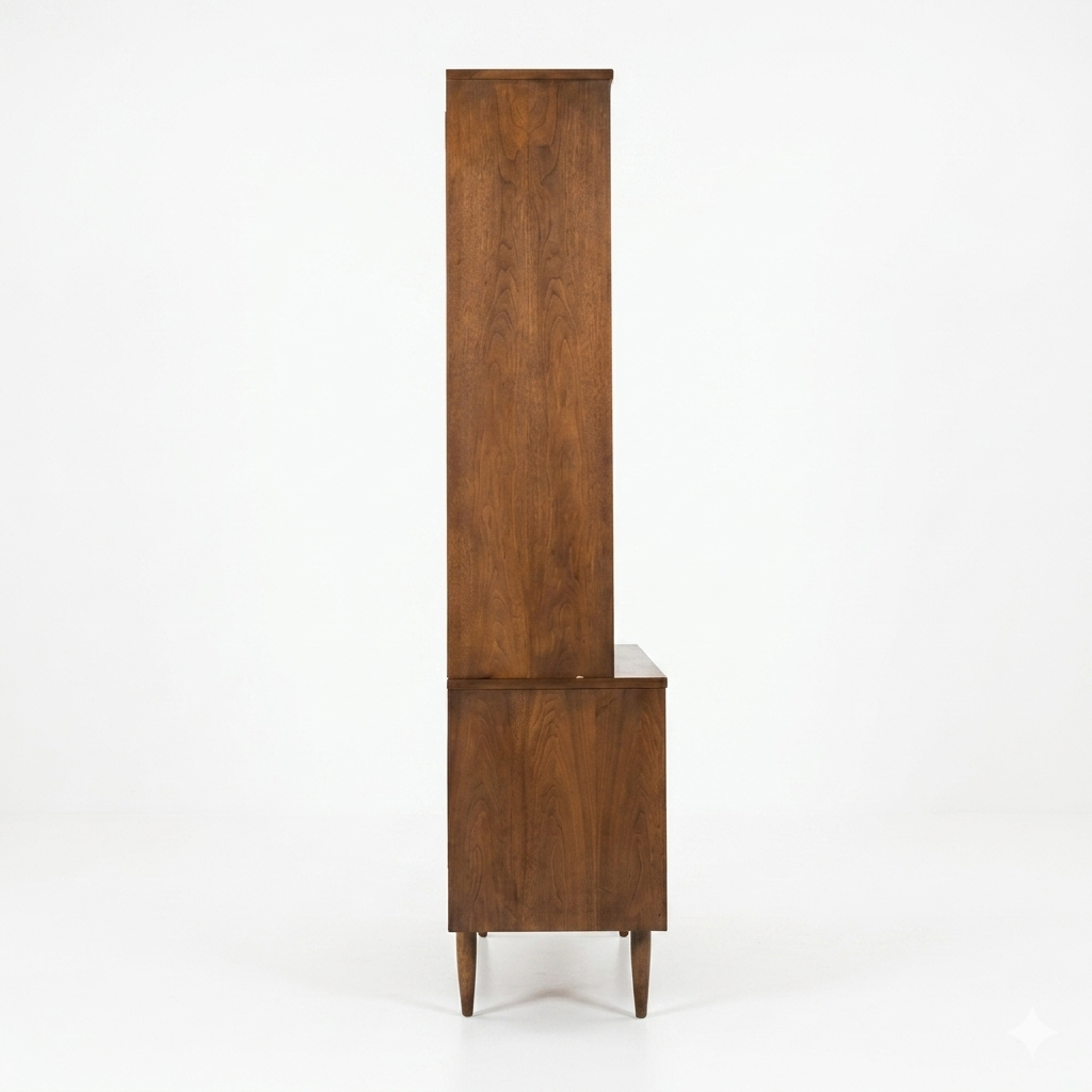 Broyhill Sculptra MCM walnut two-piece china cabinet, opposite side profile view showing narrow depth, step between hutch and buffet base, and tapered splayed legs, c. 1960s