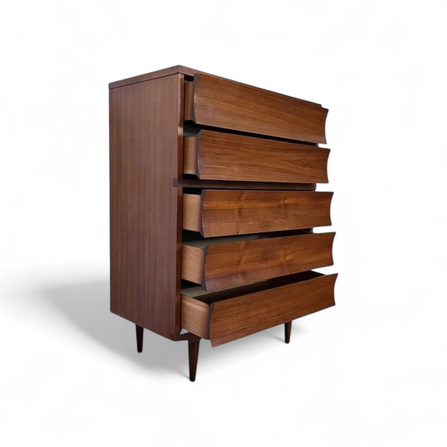 Johnson Carper “Brentwood” Mid Century Modern 5 Drawer Highboy Tall Dresser c. 1960s