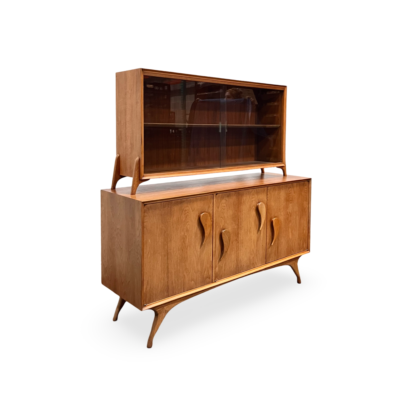 Vintage MCM china cabinet hutch with walnut finish, 1960s design