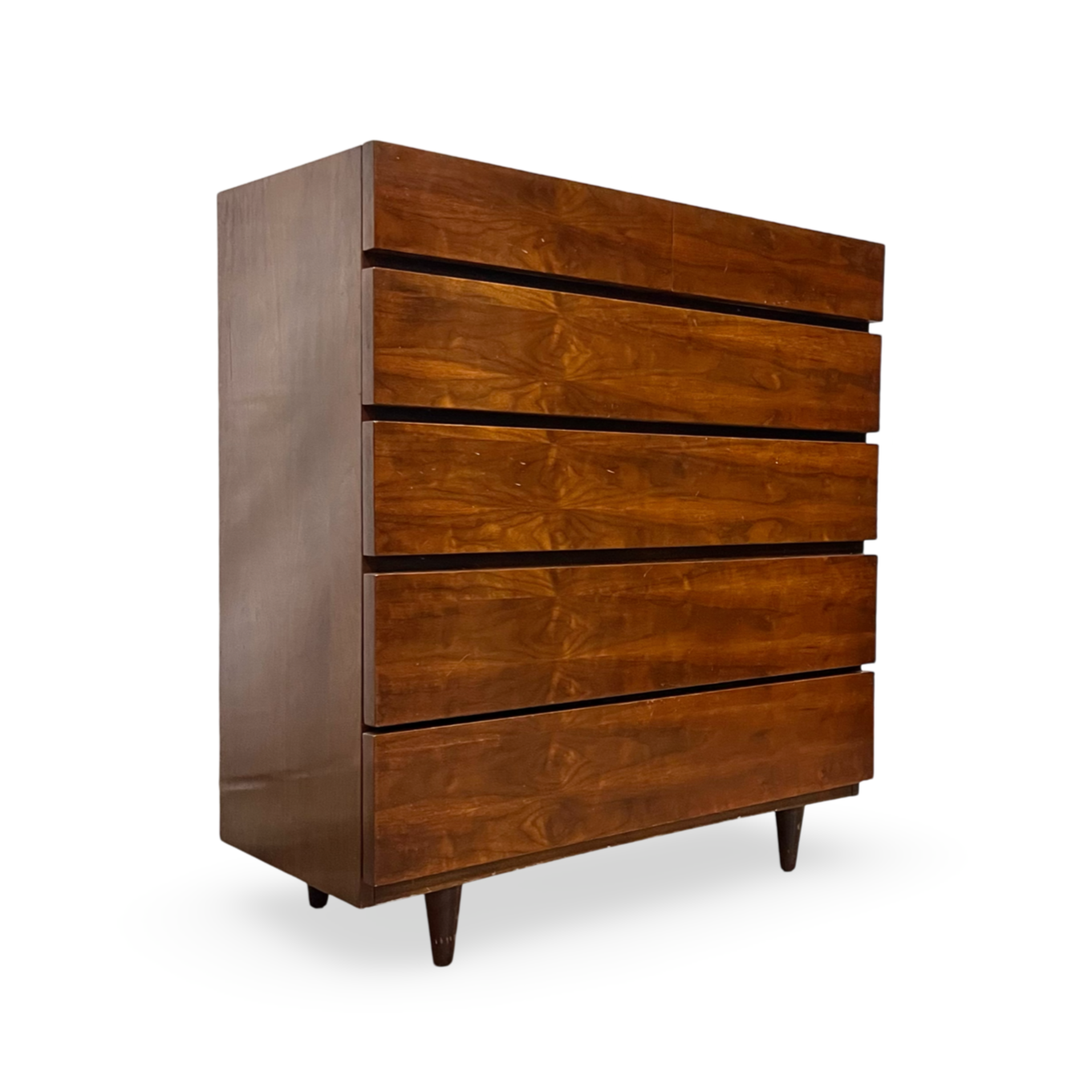 Vintage MCM highboy dresser with block front design and walnut finish