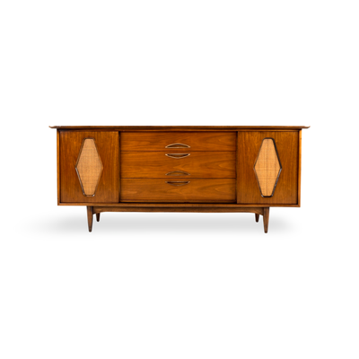 Kent Coffey Greenbrier Vintage Mid Century Modern 9 Drawer Lowboy D... — walnut construction, front view