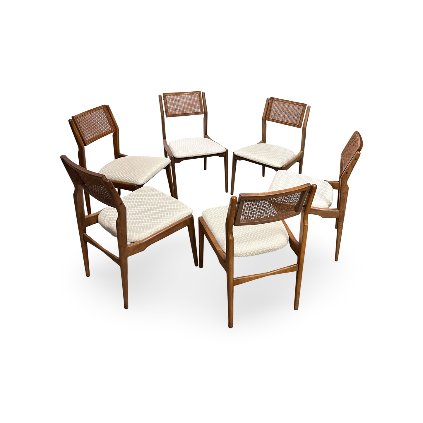 Set of six Mid Century Modern dining chairs, walnut and cane design
