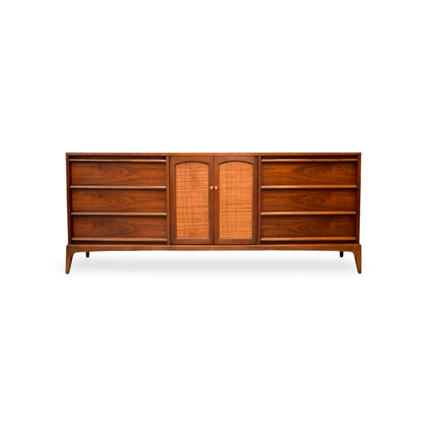 Vintage MCM dresser with walnut finish and nine drawers