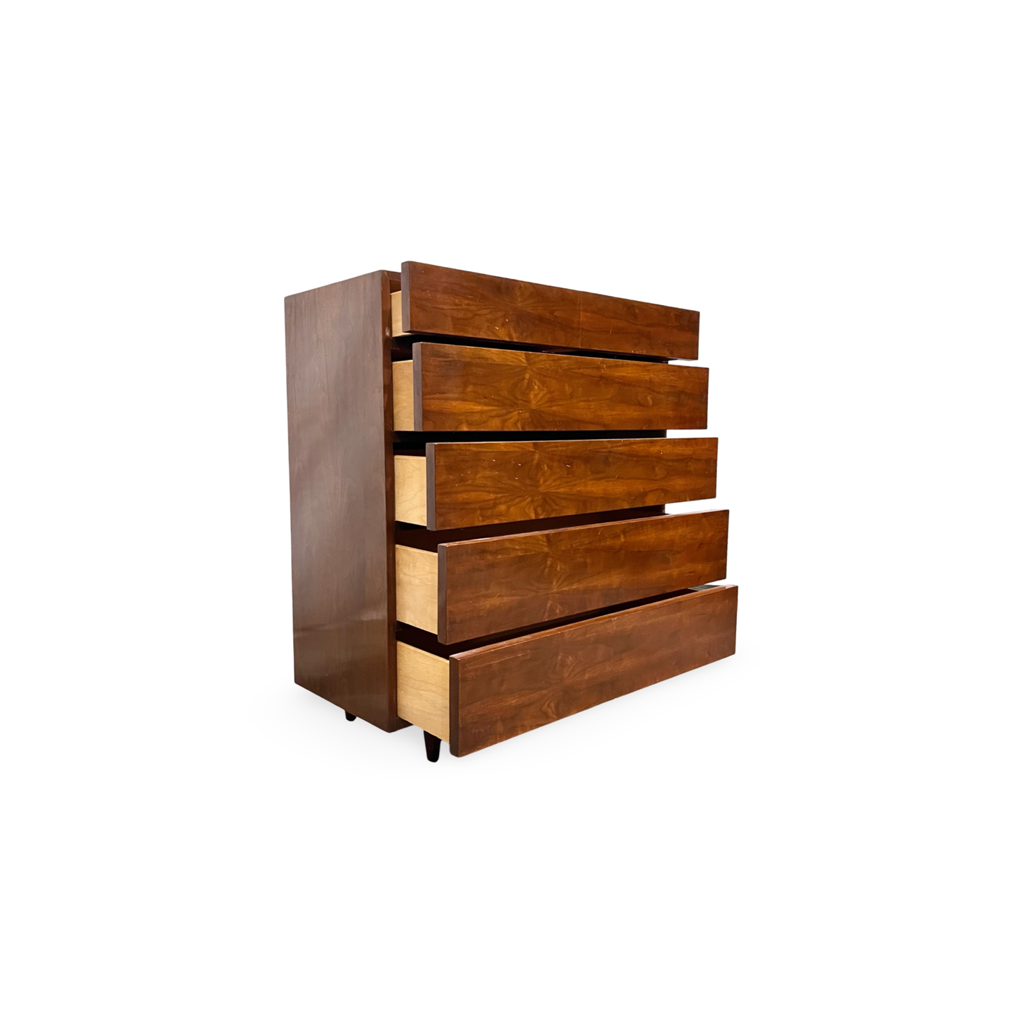 Vintage MCM highboy dresser with block front design and walnut finish