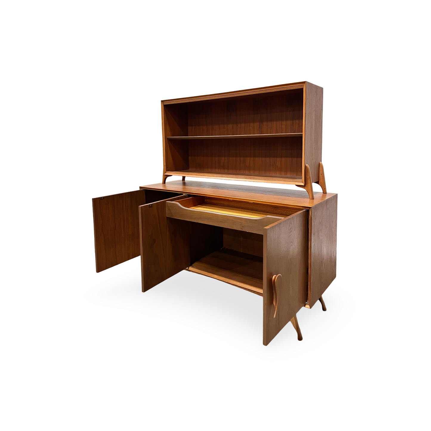 Walnut Mid Century Modern china cabinet with display shelves, vintage