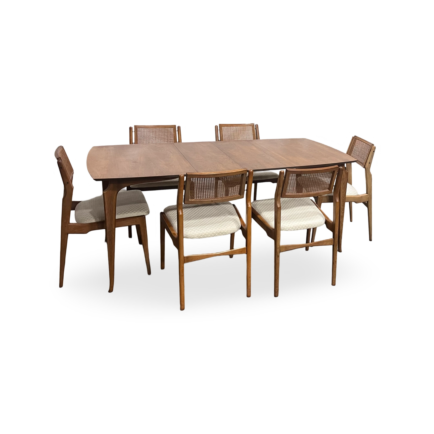 Walnut Mid Century Modern dining chairs with woven cane backs, vintage